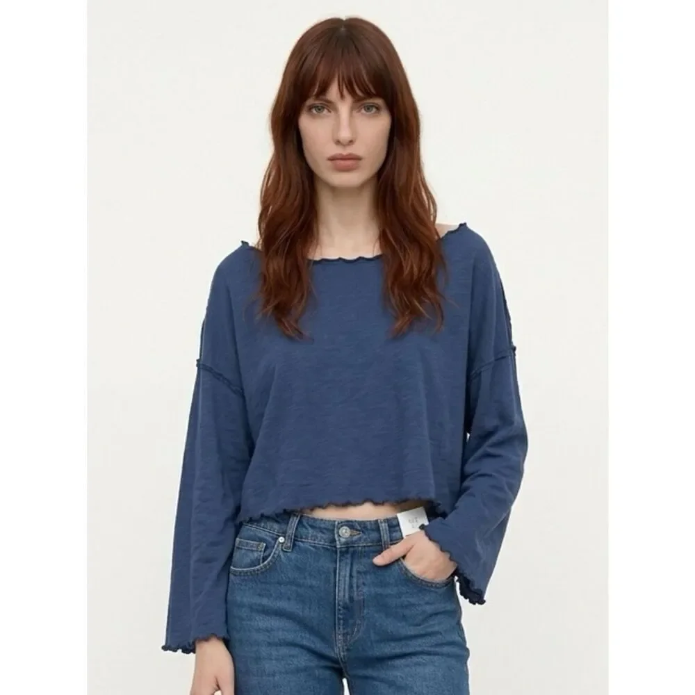FREE PEOPLE We the Free | NEW Dark Blue Cropped Long Sleeve Top Women’s Size S